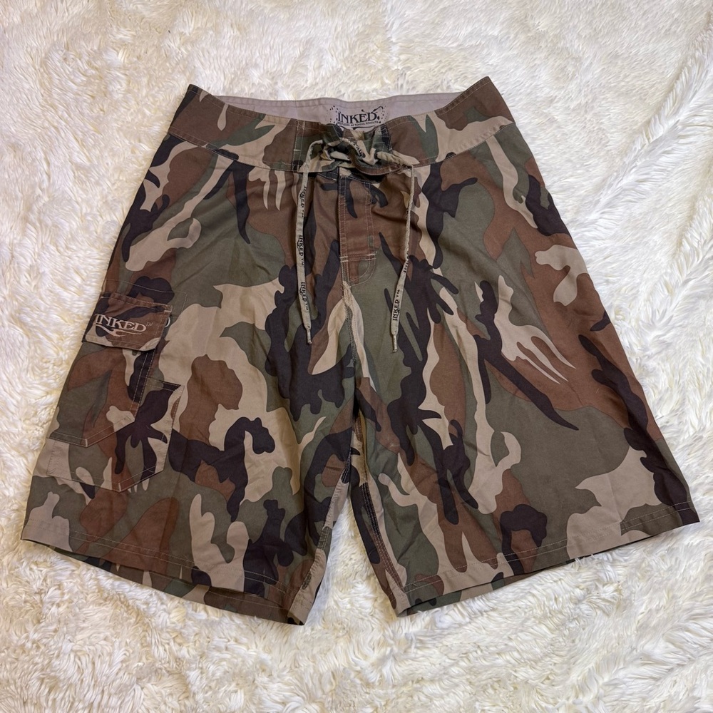 Inked Men's Camouflage Swim Board Shorts no liner 34” waist 12” inseam fire